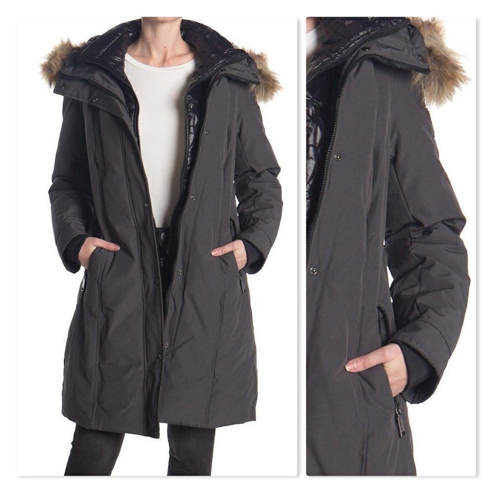 Nine West Removable Faux Fur Trimmed Hooded Parka size XS in Charcoal- NEW